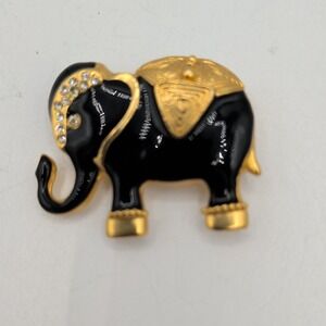 Vintage Black Enamel Elephant Brooch Pendant Yellow Gold Tone Clear Rhinestones